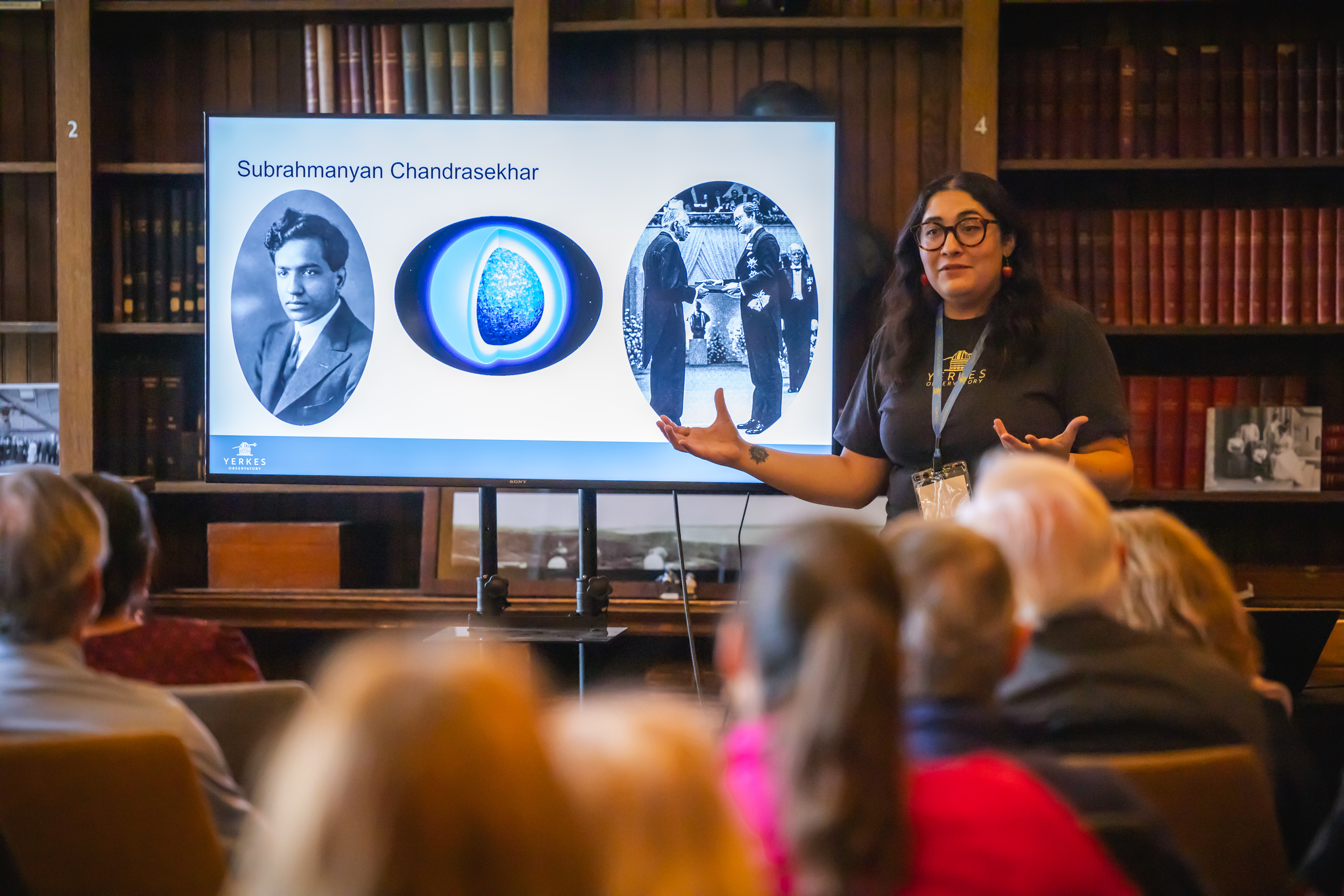 Jana Lund talking about Nobel prize winner and Yerkes star Subrahmanyan Chandrasekhar. Photo by Brian Finch.