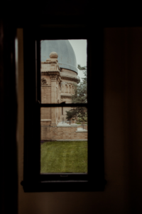 The entrance to Yerkes Observatory as viewed through an interior window.