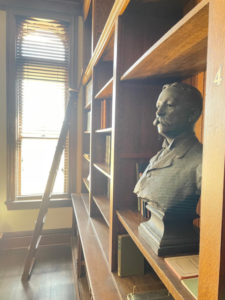 A bust of Charles Yerkes on a bookshelf at Yerkes Observatory.