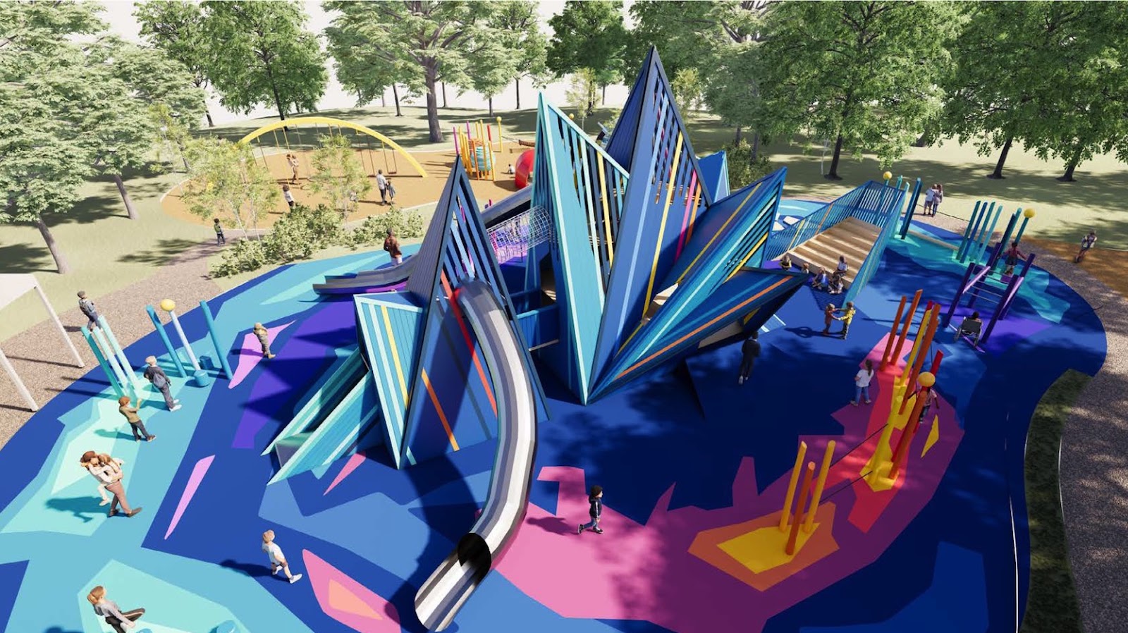 An artist's rendering of a colorful, space-themed playground.