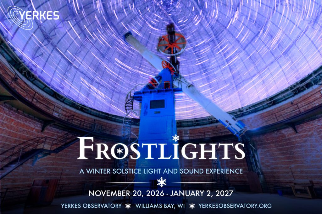 Logo for Frostlights, featuring the Great Refractor telescope under a blue/purple light with stars